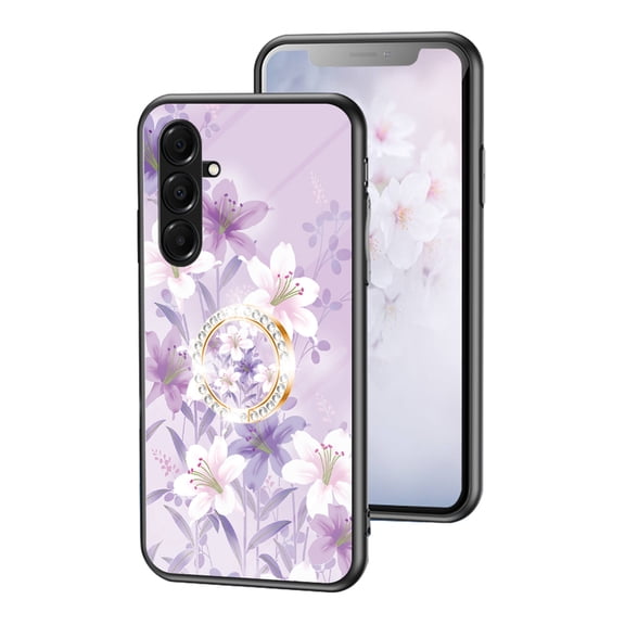 Dteck Case with Diamond Ring Holder for Samsung Galaxy A17 5G,Shockproof TPU Bumper Tempered Glass Back Flower Pattern Slim Cover , Purple