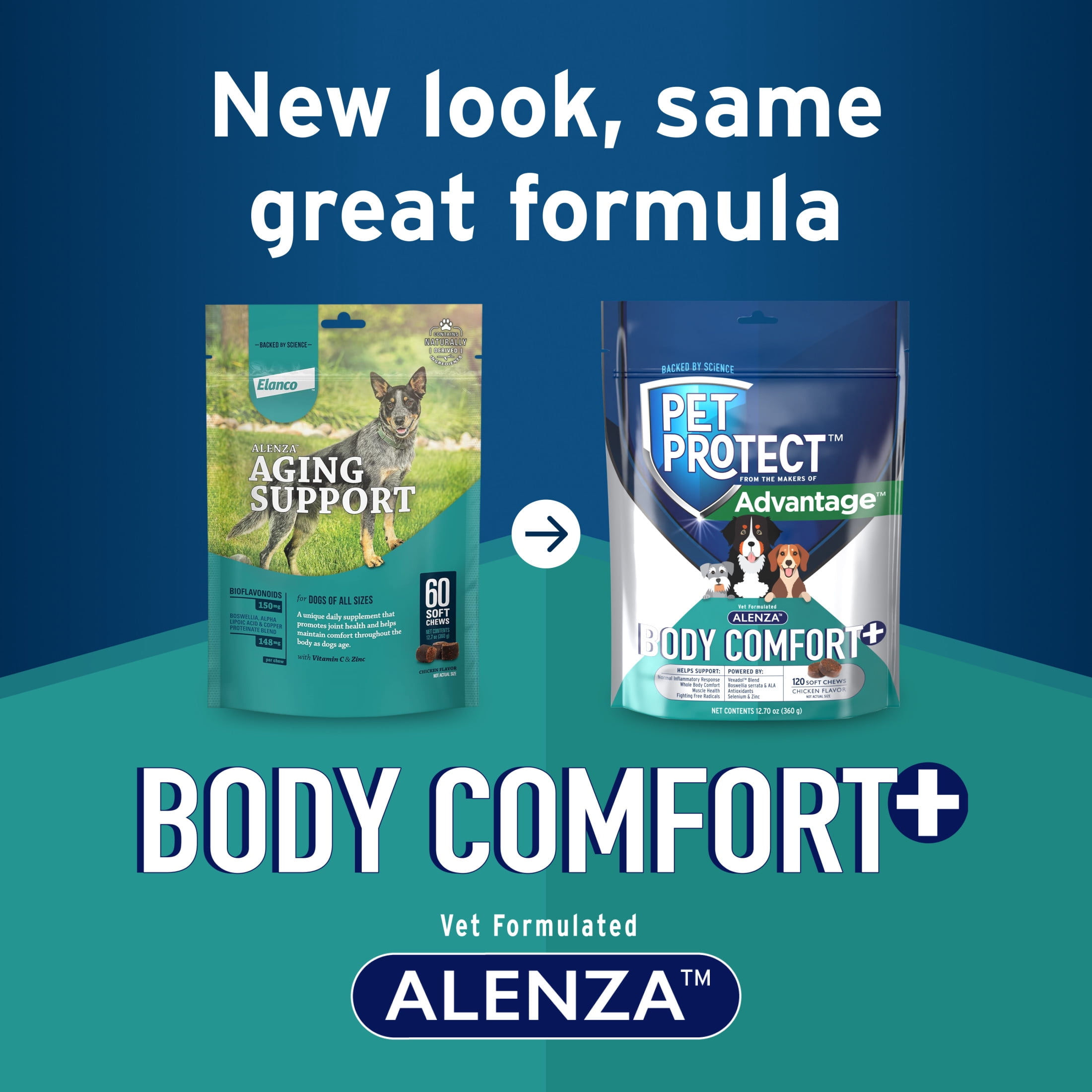 Pet Protect Dog Body Comfort+ Supplement, Vet-Formulated Alenza, Chicken, 120 Soft Chews