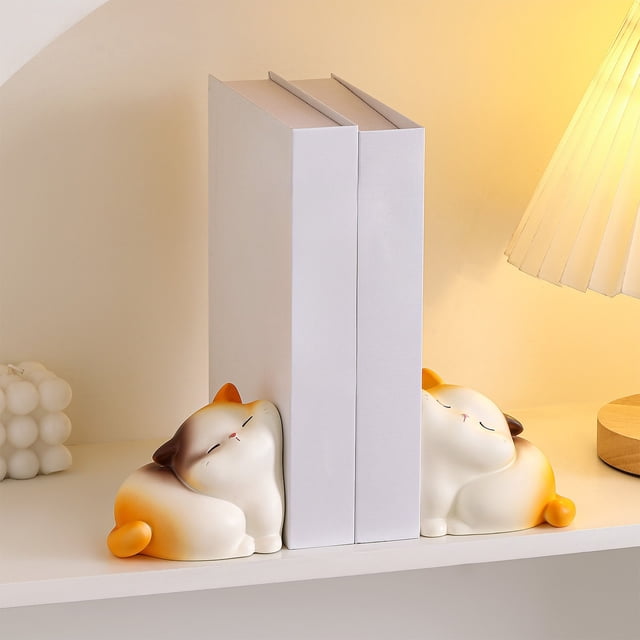 Cute Cat Bookend Resin Desktop Decor, Healing Stress-Relieving Gift Home Practical Book Storage Stable Non-Slip for Study Living Room Bedroom Cute Warm Companion for Cat Lovers