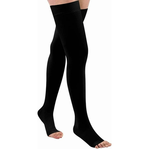 MecTo 1 Pair 15-20mmHg Thigh High Compression Socks Open Toe Compression Stockings for Women & Men(Black,L)