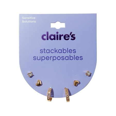 Claire's Tween Girls Stackable Gold Heart and Rhinestone Stud Earring Set, 3-Pack,