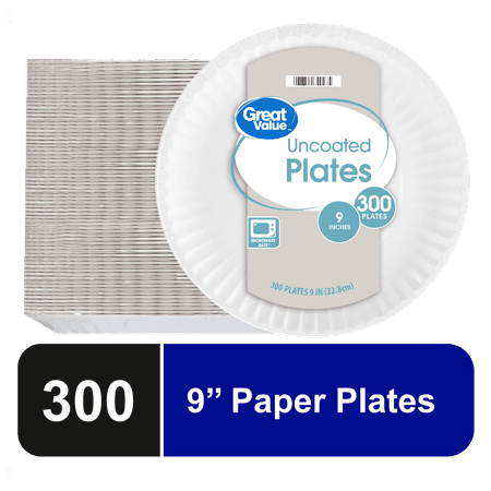 Great Value Uncoated Paper Plates, 9 Inch, White, 300 Count