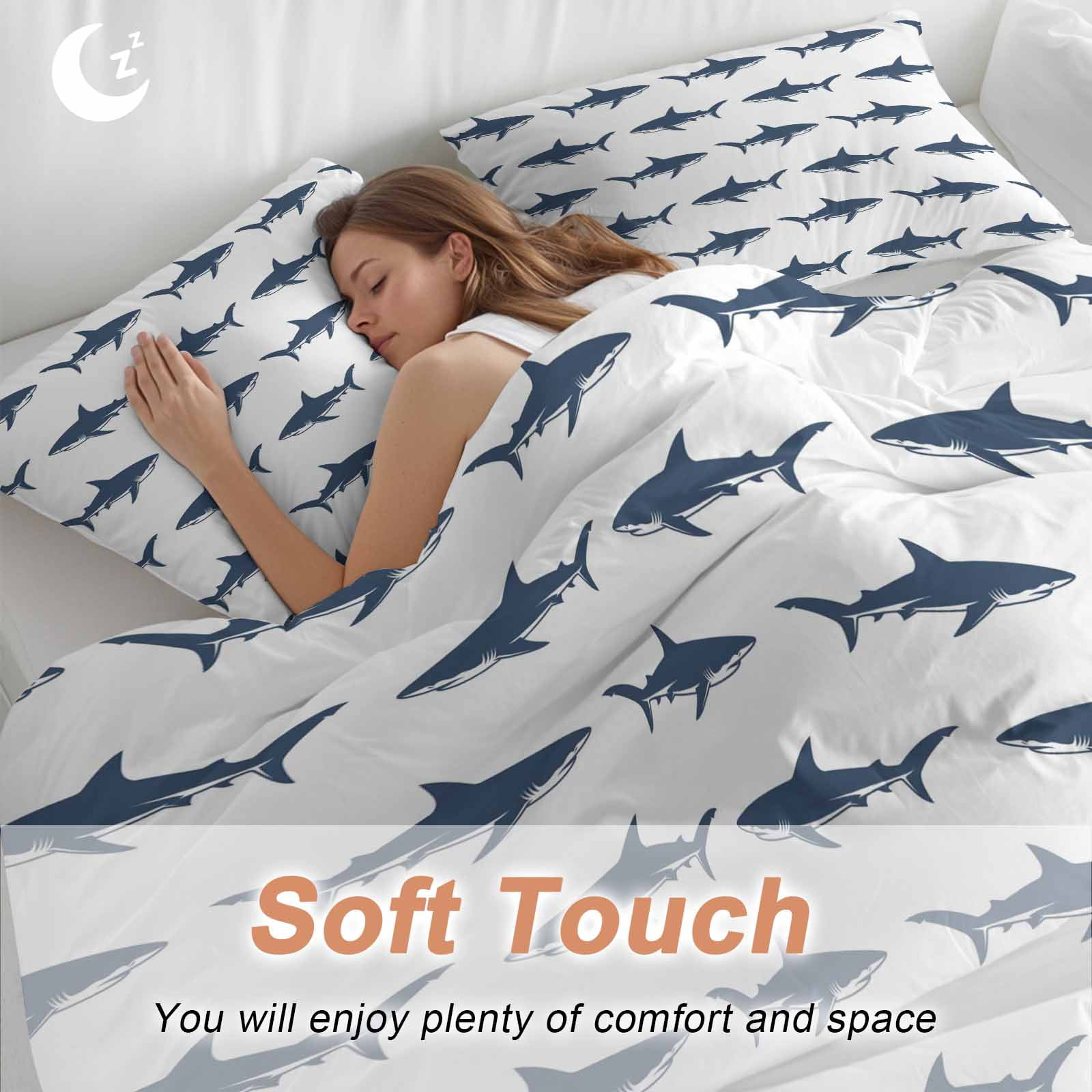 Blue Coastal Shark Bedding 3 Piece Duvet Cover Set Twin Size, Ocean Sea Nautical Soft Microfiber Comforter Cover with Zipper Closure & Pillowcases, Wrinkle & FadeResistant Quilt Cover