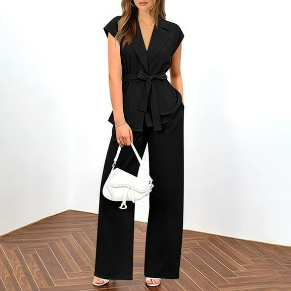 BLTIBY Womens 2 Piece Set 2025 Solid Color Blazer Trendy V Neck Sleeveless Belted Vest Straight Long Pants Business Suit Sets with Pocket Black L