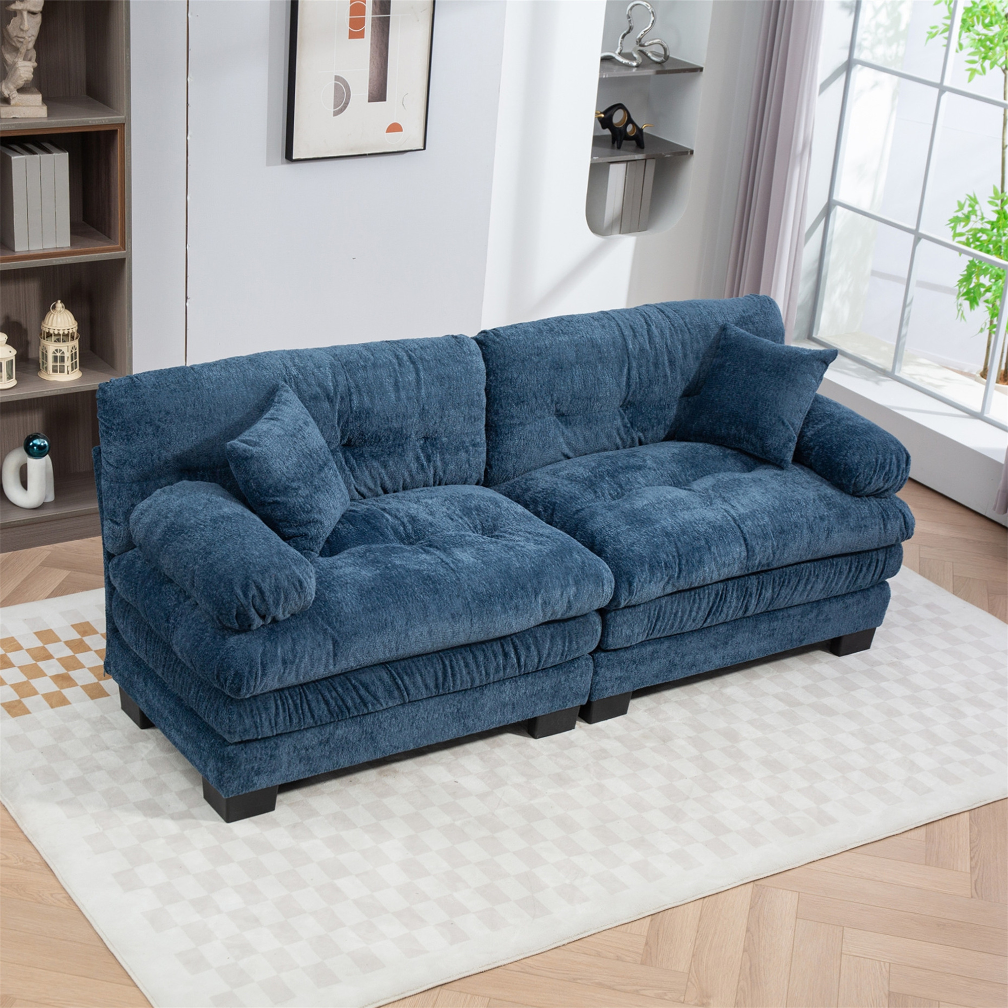 Aukfa 84" Deep Seat Couch Dual-Layer Cushion Modular Sofa for Living Room, 2 Pillows, Chenille, Blue
