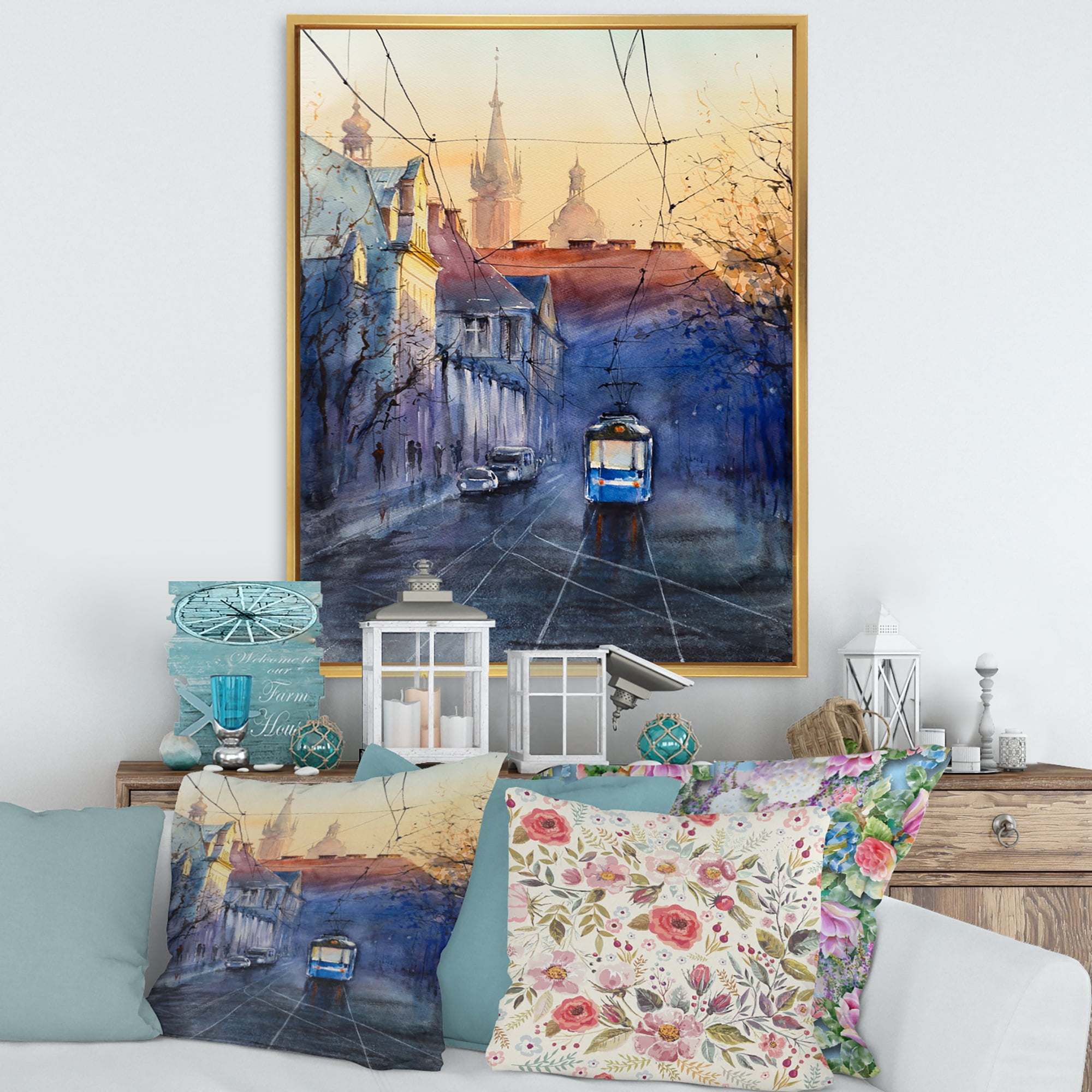 Designart 'Blue Tram At Sunset With Church During Sunset Cityscape' Nautical & Coastal Framed Canvas Wall Art Print