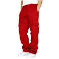 thumbnail image 3 of Men's Wide Leg Cargo Pants High Waisted Drawtring Baggy Adjustable Casual Loose Fit Warm Trousers Hiking Work Pant with Multi Pockets Red S, 3 of 9