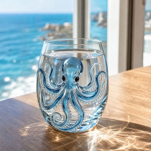 BiFandian Artisanal Ocean Animals Glassware, Stemless Handcrafted Marine Design Drinking Glass, Coastal Home Decor for Beach House, Kitchen Bar, Oceanside Living Gift