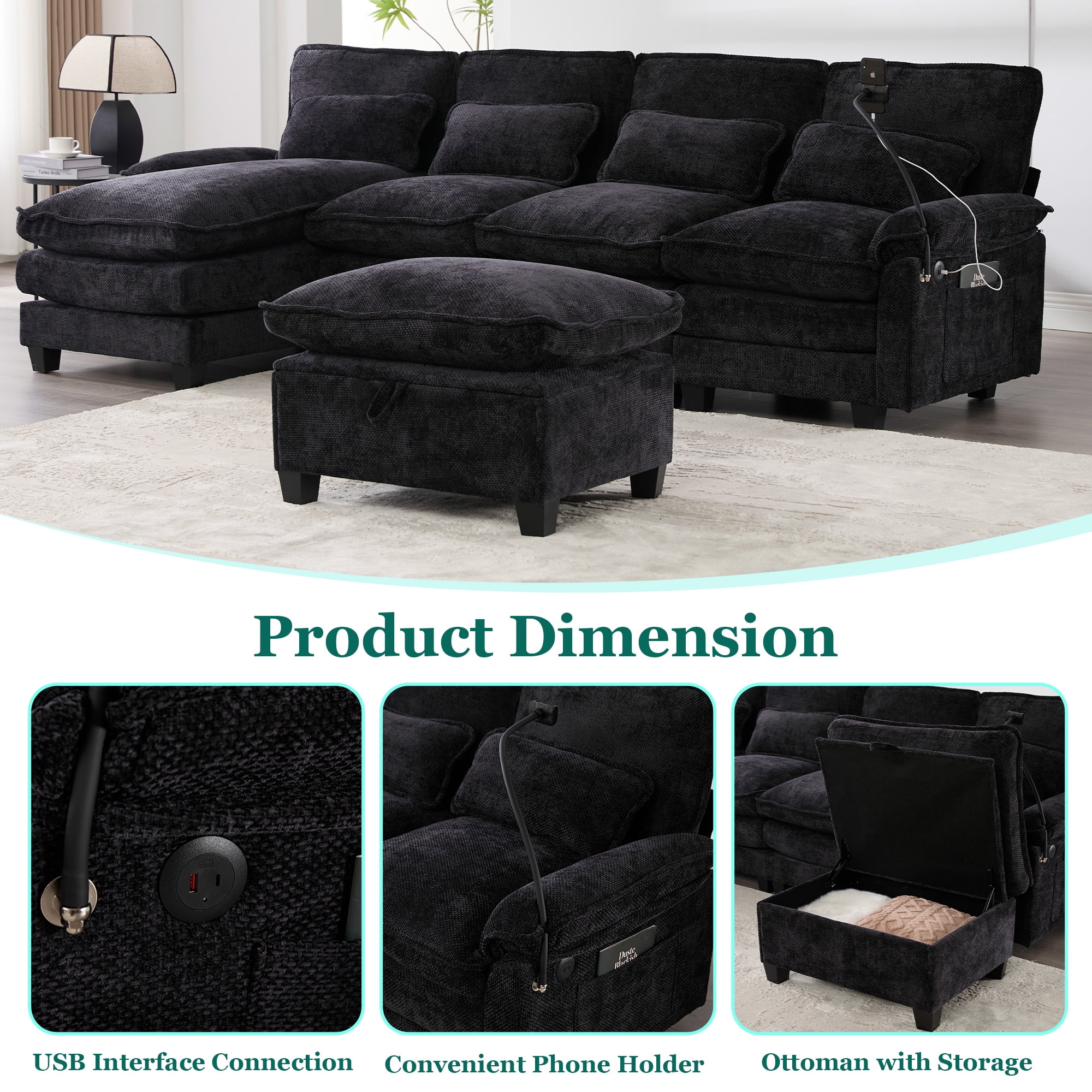 MOONMIS 106" U Shape Sectional Sofa Cloud Couch for Living Room, Upholstery Comfy Modular Sofas, 4 Seat Chenille U-Shaped Sleeper Sofa with Chaise Lounge, Ottoman & Pillows