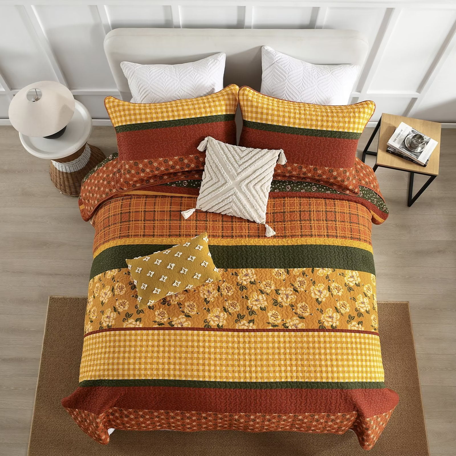 DDUOXIN Bohemian Fall King Quilt - 100% Cotton Floral Brown & Gold & Green Striped King Size Quilt Set, Lightweight Boho Bedspread Autumn Gift 3-Piece Quilt Comforter Set with 2 Pillowsham, 98"x106"