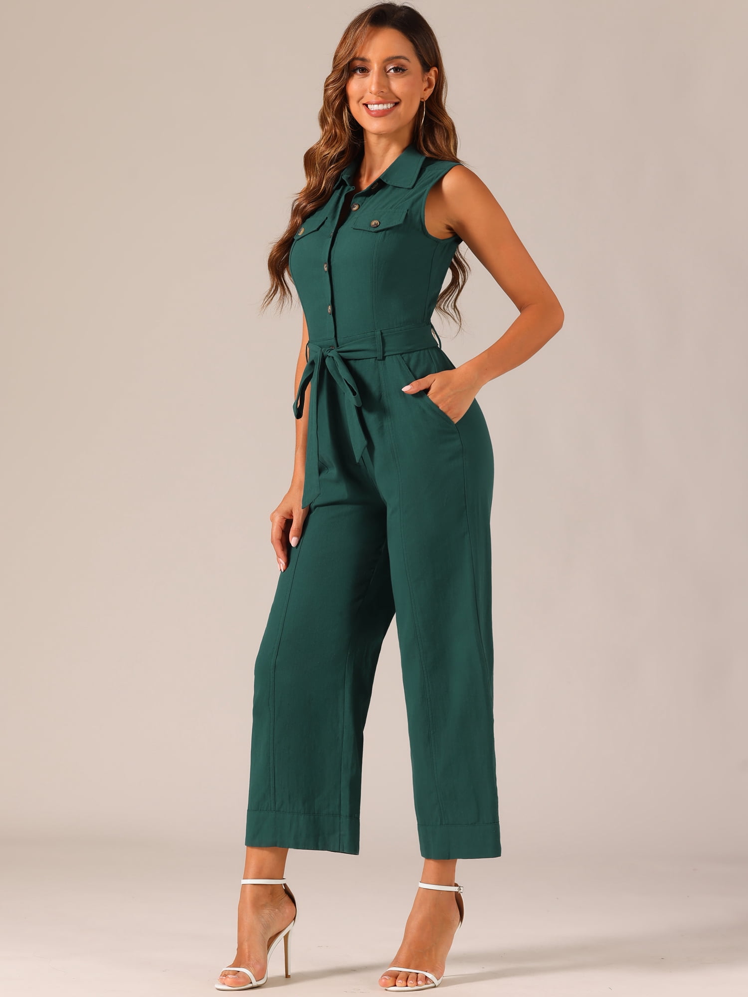 DARING DIVA Women's Wide Leg Sleeveless Collared Tie Waist Jumpsuit S Peacock Blue