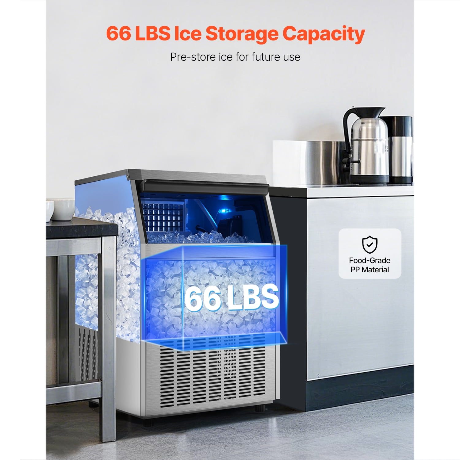 KFFKFF 160lbs/24H Commercial Ice Maker Machine Stainless Steel with 66lbs 80 Cubes Under Counter ice Machine 27.56 in W, 39.76 in H with Auto Clean