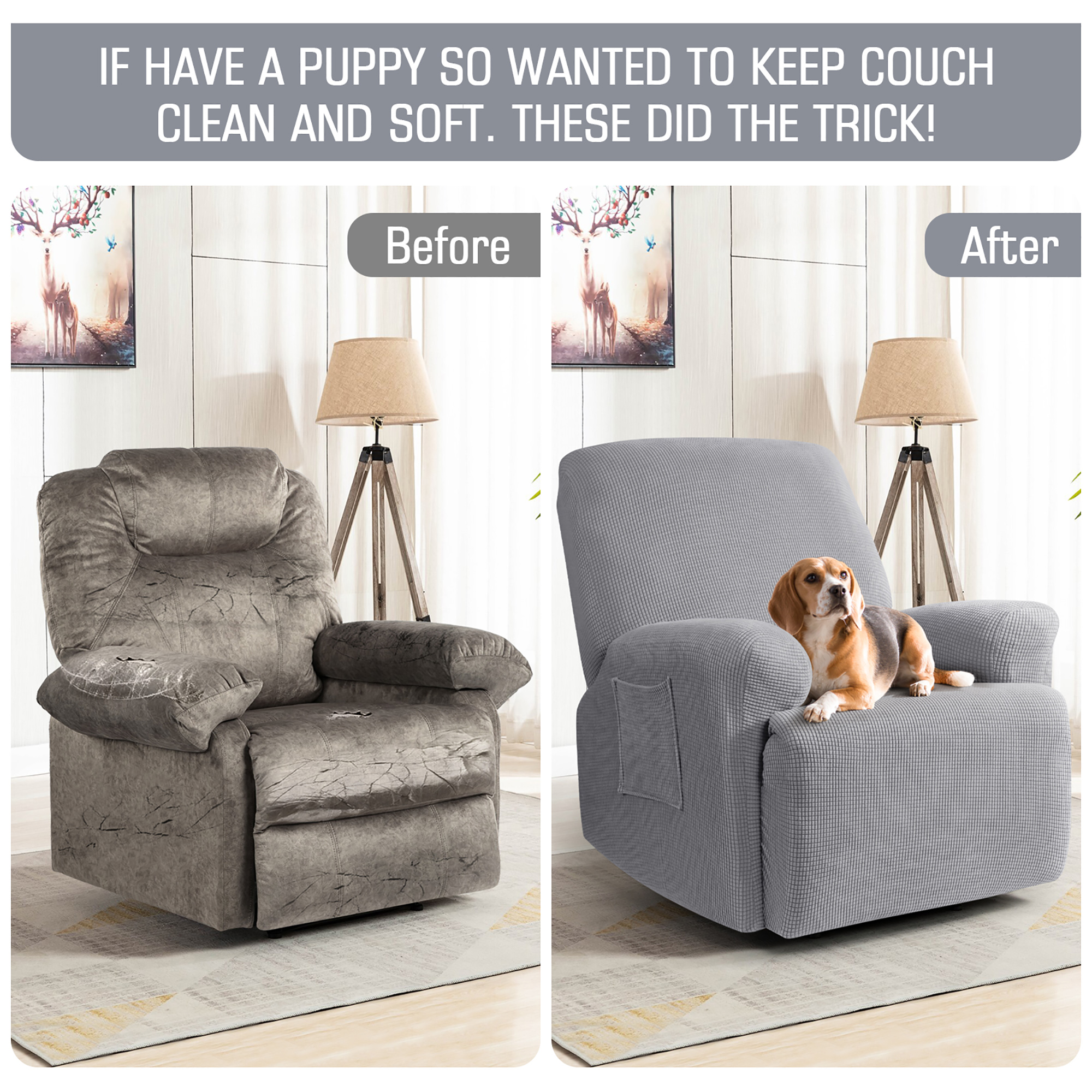 TAOCOCO 4 Pieces Stretch Recliner Slipcover, Jacquard Recliner Chair Cover Furniture Protector for Pet, Kids Dusty Gray