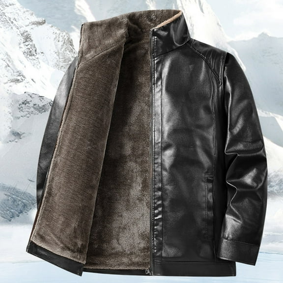 Handshe Men's Shearling Leather Jacket, Solid Color Fleece-Lined Thermal Coat with Stand Collar and Zipper Front for Casual Winter Wear and Outdoor Activities