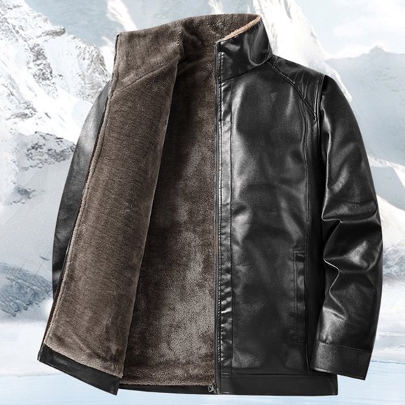 Handshe Men's Shearling Leather Jacket, Solid Color Fleece-Lined Thermal Coat with Stand Collar and Zipper Front for Casual Winter Wear and Outdoor Activities