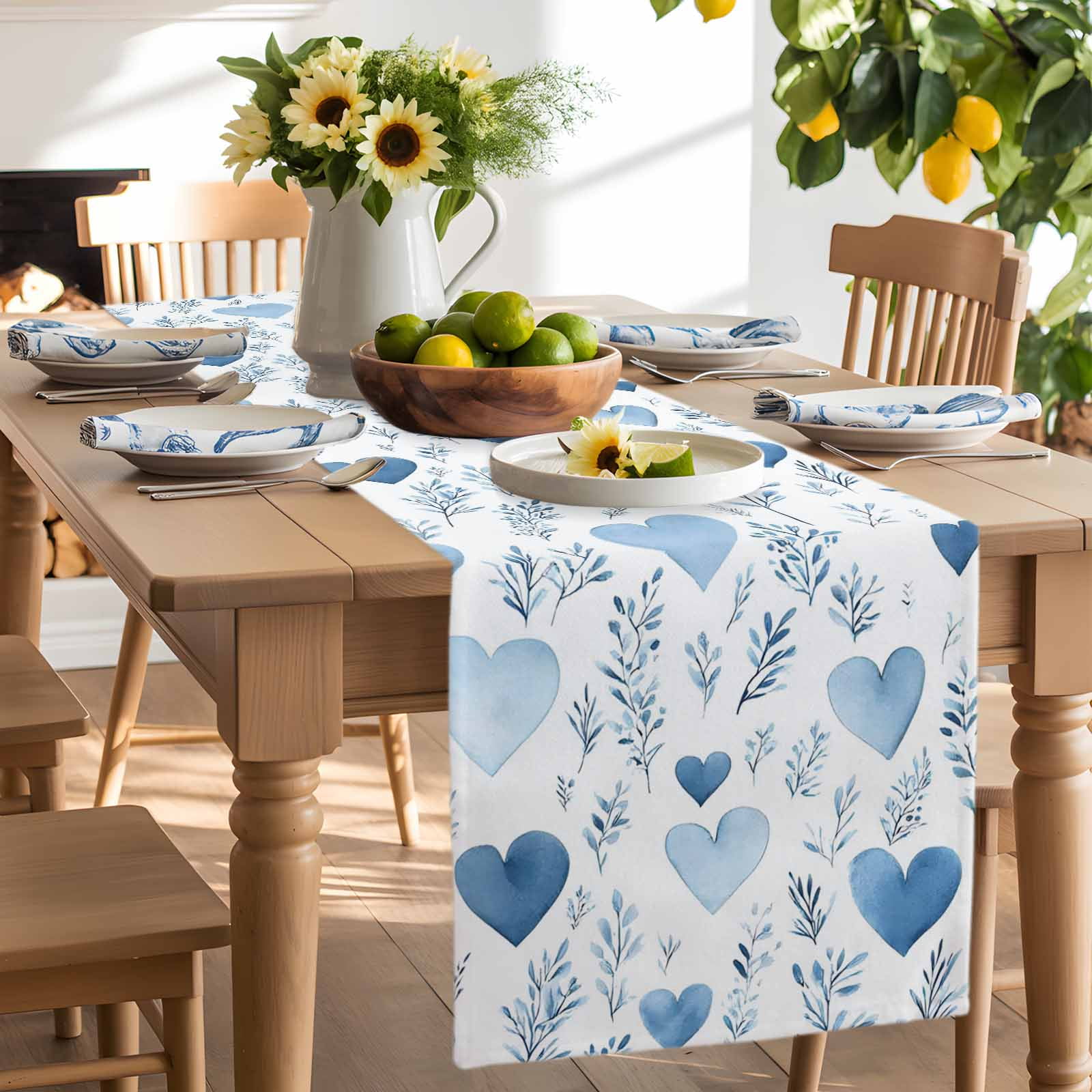 Valentine's Day Table Runner, Watercolor Blue Love Heart Leaf Washable Kitchen Table Runners Dress Scarves for Dining Table Decorations Party, 13x108in