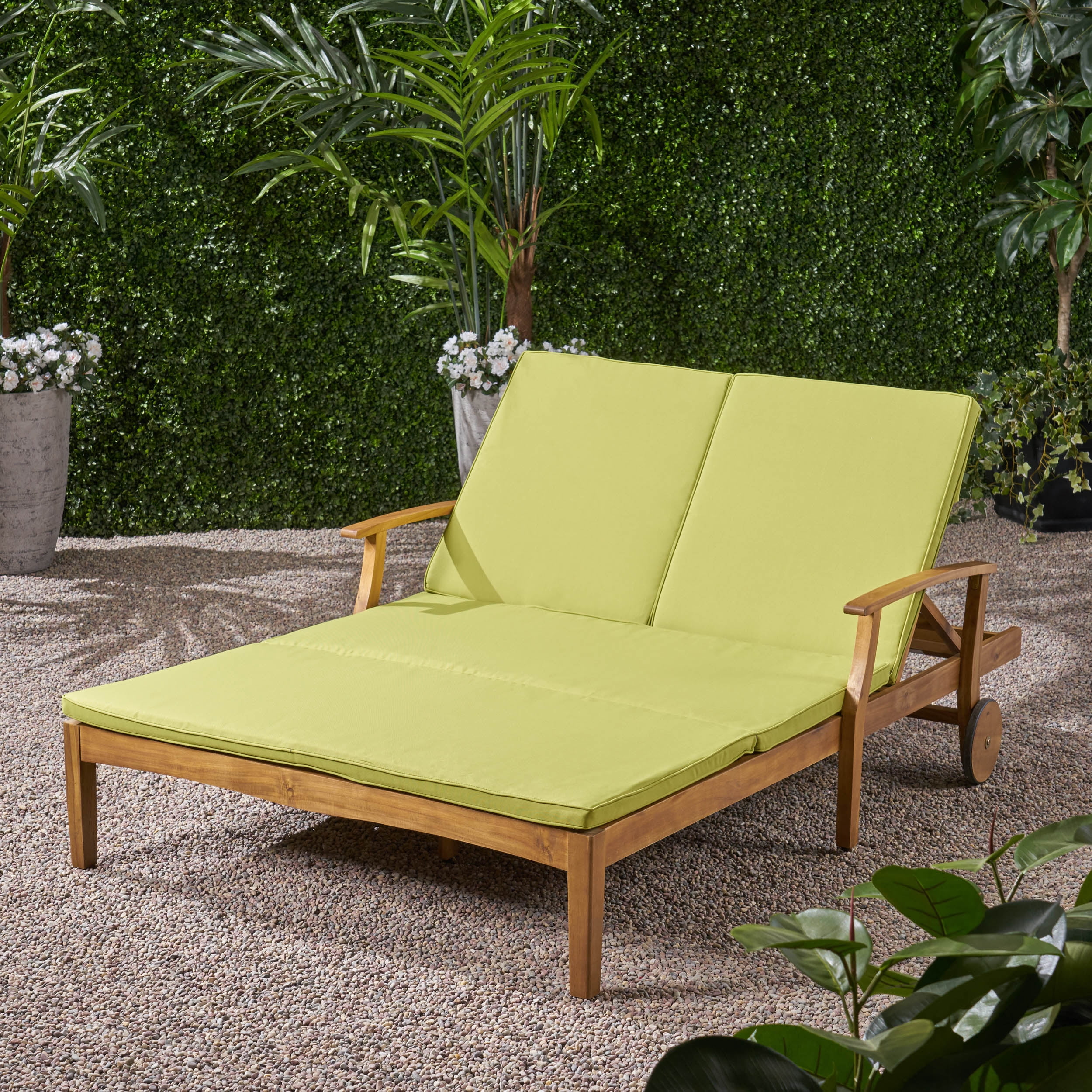 Outdoor Double Person Chaise Lounge, Dual Seat Recliner Chair for Patio Garden, Teak and Green