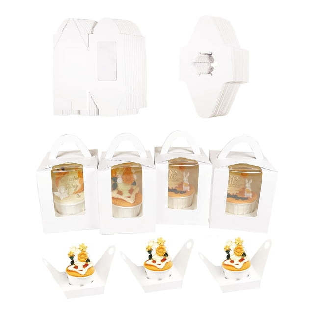 Cajas para Cupcakes con Ventana Transparente, Portadores Individuales de Pasteles con Ventana Transparente con Asa para Hornear, Fiestas y Regalos (Blanco)