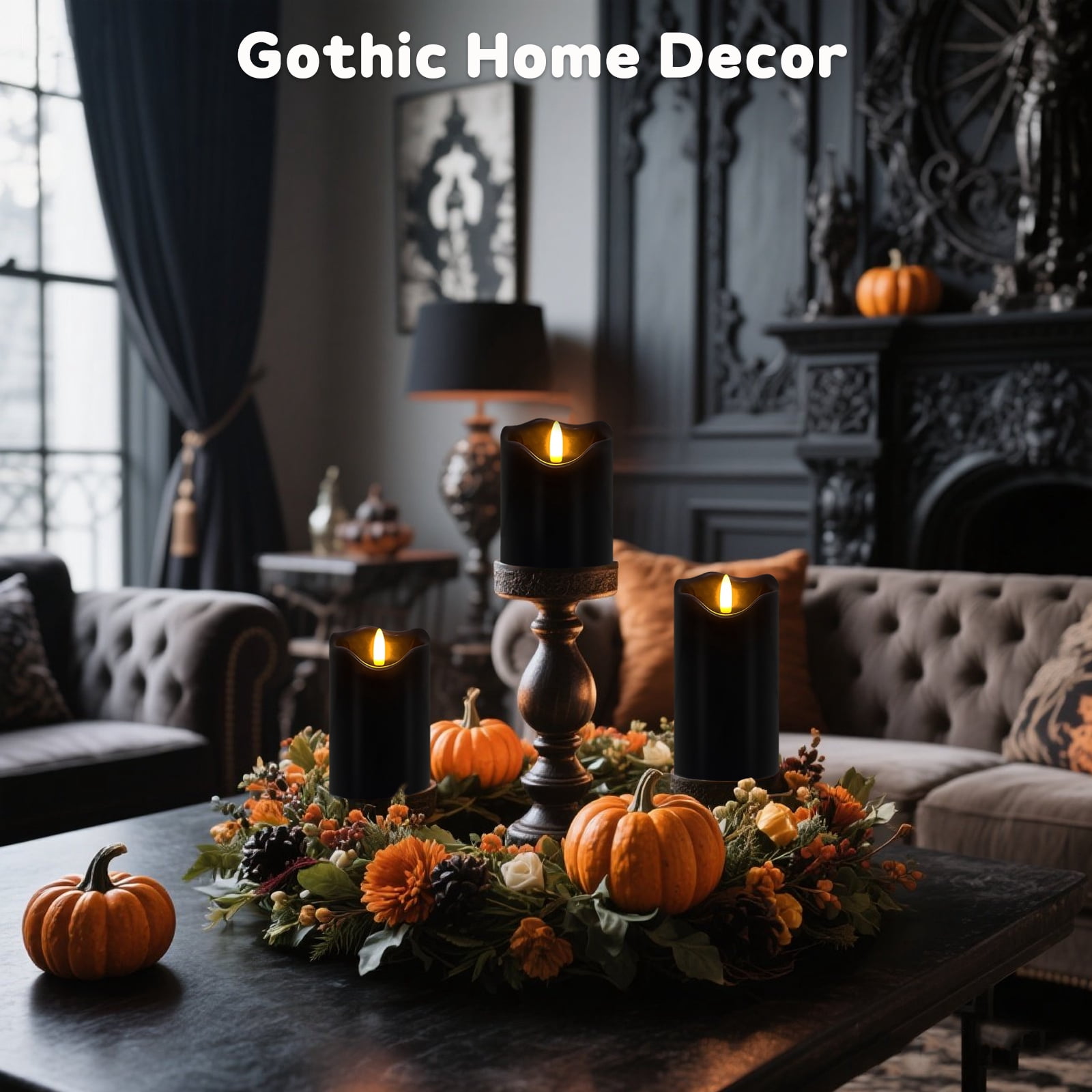Flameless Candles Light, Set of 3 Flickering LED Candles with Remote & Timer, Dimmable Real Wax Electric Pillar Candles Battery Operated, Black Flameless Candles for Home Halloween Decor