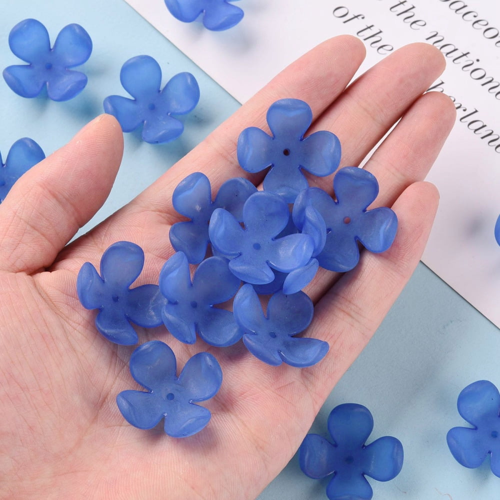 Frosted Acrylic Bead Caps 4-Petal Flower Royal Blue 27x27x11mm Hole: 1.8mm about 276pcs/500g