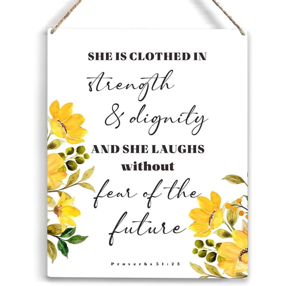 Inspirational She is Clothed in Strength Bible Verse Wood Sign Rustic Proverbs 3125 Flowers Christian Wooden Hanging Plaque for Home Girl Bedroom Wall Art Decoration 8x10 Inch Present