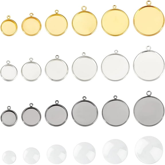 36pcs Bezel Pendant Blanks Settings 6 Sizes 18pcs Flat Round Pendant Trays Bezels with 18pcs Glass Cabochons Dome Tiles for Bouquet Bridal Wedding Graduation Photo Charm Making 3 Color 1 Box