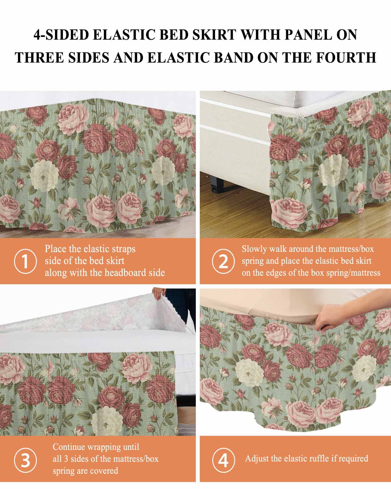 Spring Pink Roses Bed Skirt King Size 16 Inch Drop, Flowers Retro Countryside Adjustable Elastic Dust Ruffles Bedskirt for King Bed Wrap Around Pleated Mattress Frame Cover