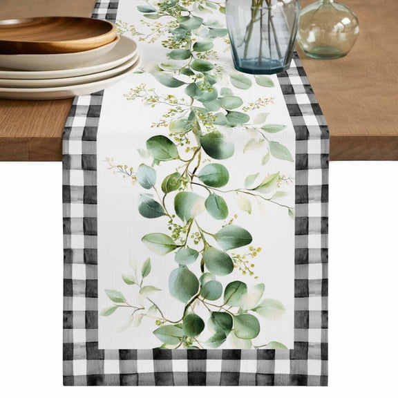 Table Runner 90 Inches Long for Kitchen Dining, Green Eucalyptus Leaves Dresser Scarf Farmhouse, Dining Table Decorations for Wedding/Parties, Modern Art Farmhouse Plaid 13 x 90 In