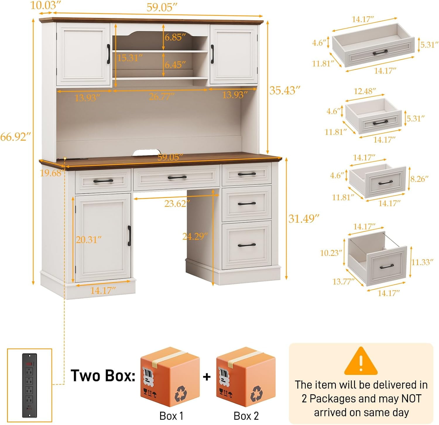 Vabches 67" H Executive Desk with Hutch and 5 Drawers, Farmhouse Computer Desk with Charging Station, File Drawer and Storage Cabinet, Wood Workstation for Home Office and Study