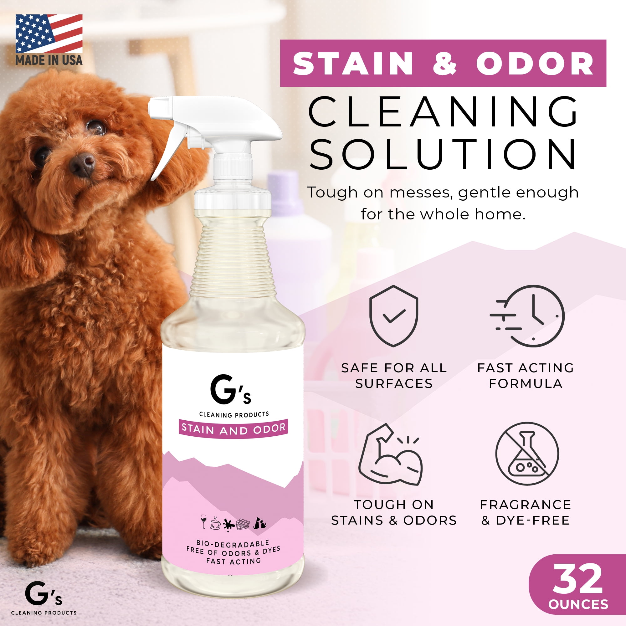 G's Cleaning Biodegradable Stain & Odor Remover Spray – 32 oz Pet Urine Enzyme Cleaner – Pet Odor Eliminator for Home – Cat & Dog Pee Carpet Cleaner – Stain Remover for Rug, Floor, Furniture