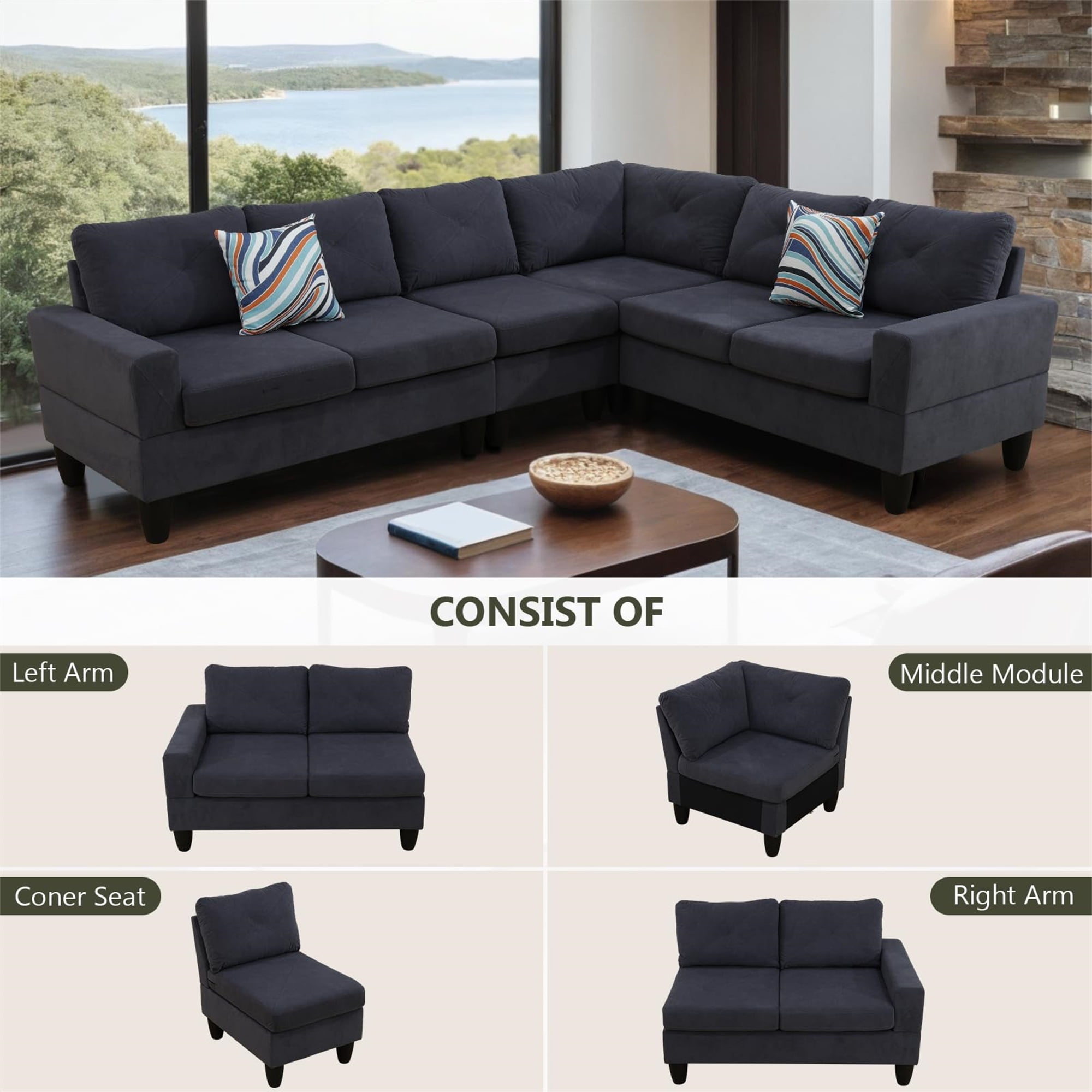 Aukfa 6-Seater L Shaped Sectional Sofa Modular Couch for Living Room, 2Pillows, Flannel, Dark Gray