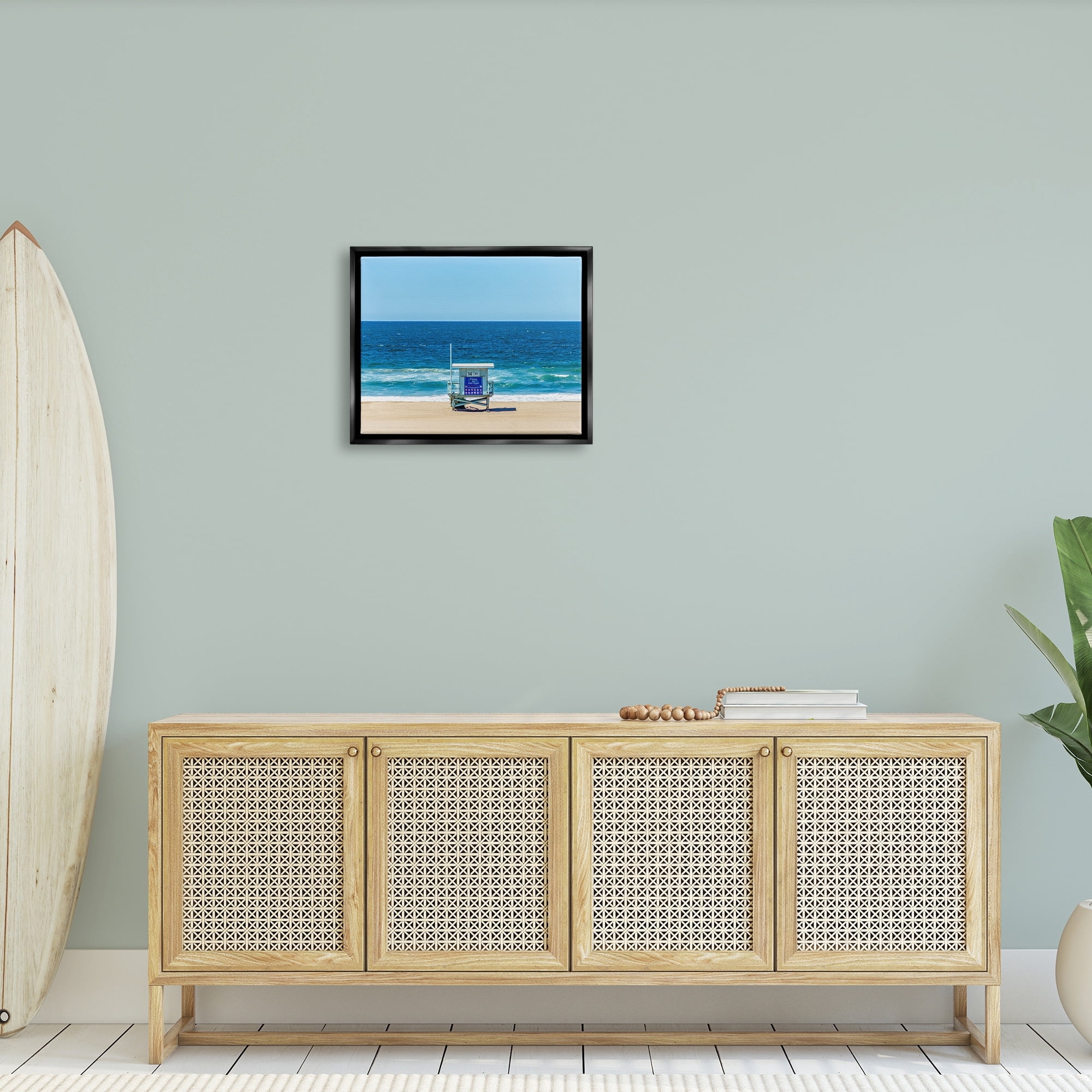 Stupell Industries Vivid Blue Beach Water Waves Coastline Hut Photograph Metallic Gold Floating Framed Canvas Print Wall Art, Design by Jeff Poe Photography
