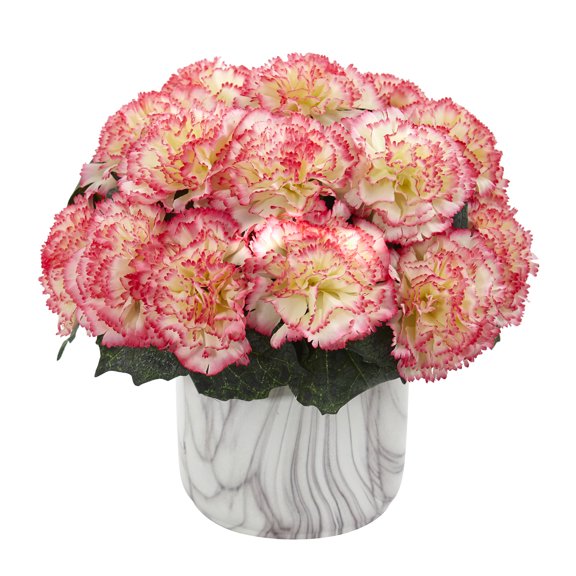 Nearly Natural Carnation Artificial Arrangement in Marble Finished Vase