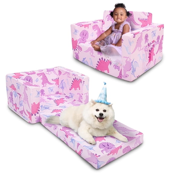 Beavtaens Toddler Sofa, 2-in-1 Dinosaur Flip Open Toddler Couch, with Side Pocket, for Ages 18 Months 