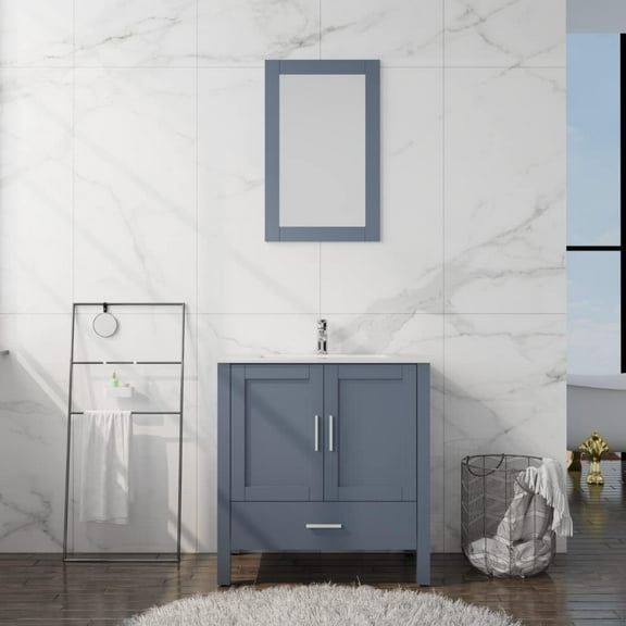 Goodyo 30" Gray Bathroom Vanity and Sink Combo Modern Drop in Bathroom Cabinet wth Mirror and Drain