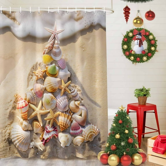 Shower Curtain Bathroom Set Christmas Tree Starfish Shell Beach Sand Waterproof Fabric Shower Curtains with Grommets&Hooks Xmas Tree Ocean Theme Privacy Bath Curtain for Bathtub 36x72in
