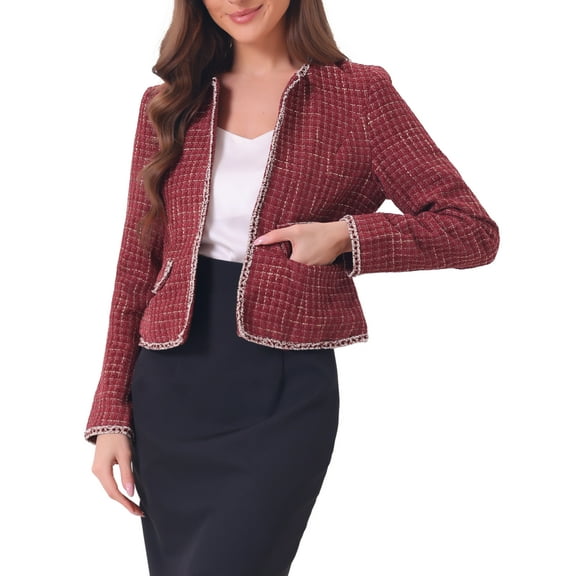 INSPIRE CHIC Women's Plaid Tweed Open Front Office Short Blazer