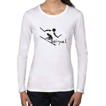 Fun Cartoon Skier Skiing By Saying Ski-Ya Later Women's Long Sleeve (Best Clothes For Skiing)