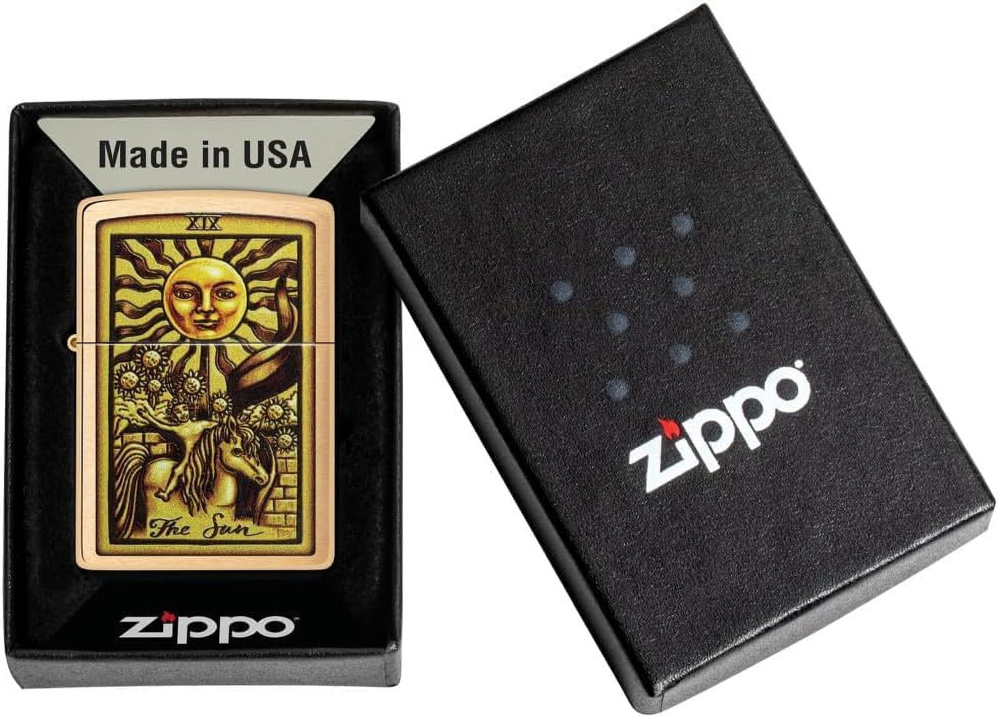 Zippo Lighter - Personalized Custom Message Engraved on Backside for Tarot Card XIX, The Sun Brushed Brass Windproof Pocket Lighter 48758