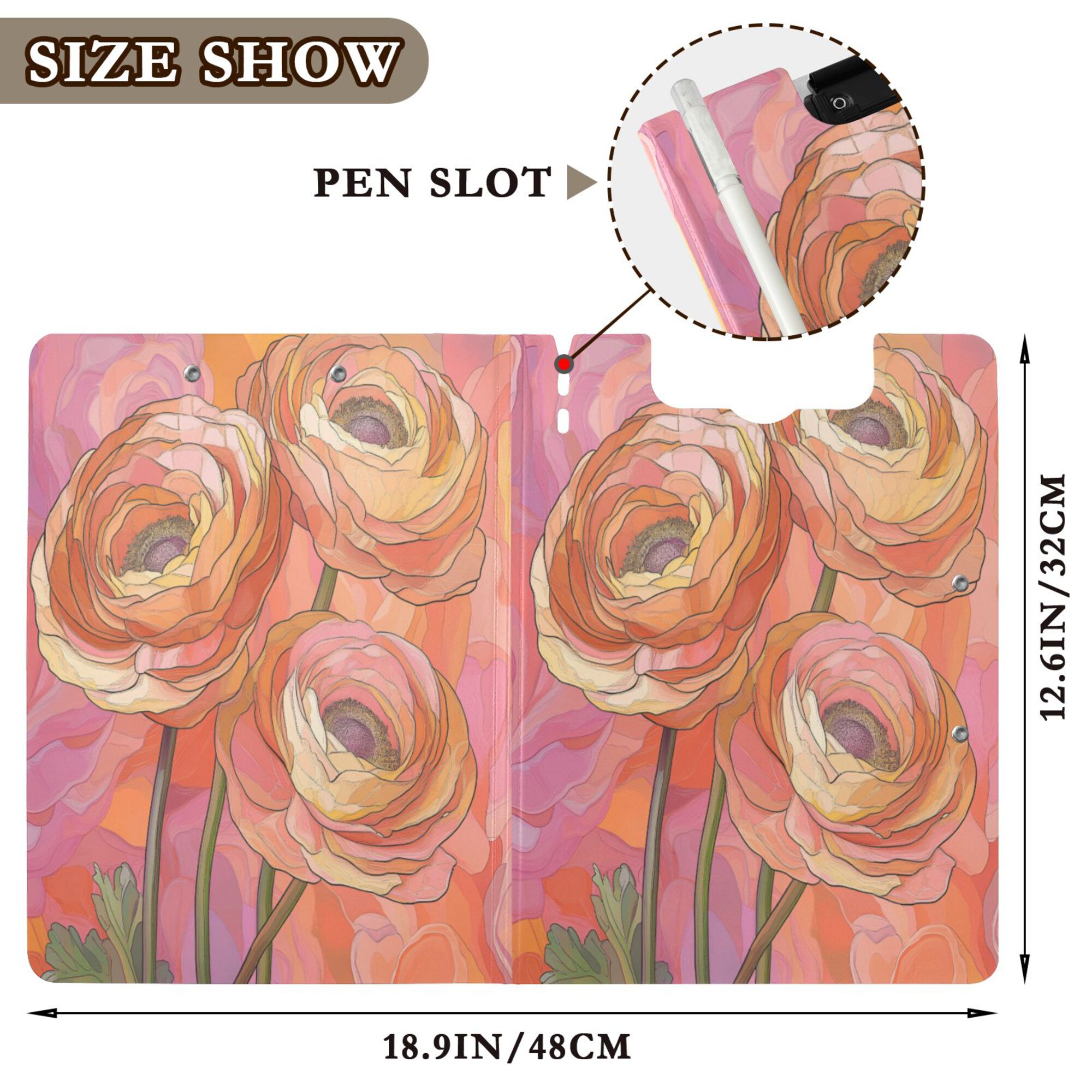 FORMRS A4 Clipboard Folder with Pen Holder Horizontal Foldable School Office Binder, Abstract Pink Flowers