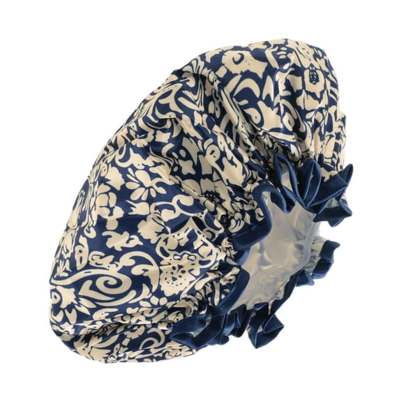 1pc Women Double Layer Flowers Shower Cap for Bathroom Vacation Travel Navy Blue Satin PEVA