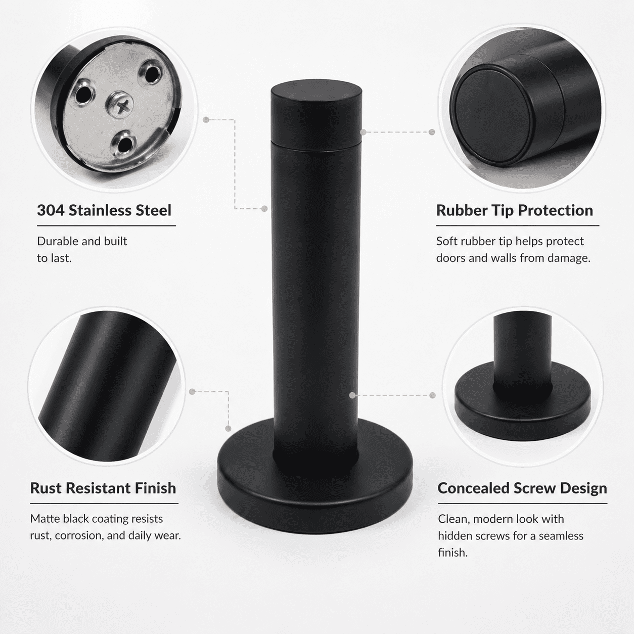 Door Stop 3.5“ Heavy Duty 304 Stainless Steel Door Stopper with Rubber Tips Bumper Wall Mounted Door Holder Protection Black 10 Pcs