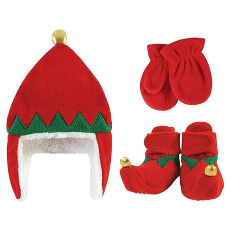 

Hudson Baby Unisex Baby Trapper Hat Mitten and Bootie Set Red Elf 18-24 Months