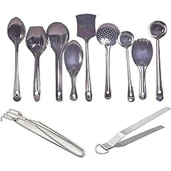 iKonbi Set of 11 Kitchen Serving Tools - Long Vegetable Cooking Pan, Biryani Spoon, Deep Float, Wide Rainbow, Palta, Zara, Small Spoodle, Rice Punja, Big Spoodle,Pakkad and Chimta.