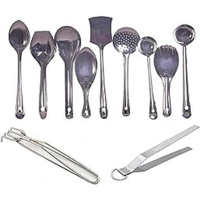 iKonbi Set of 11 Kitchen Serving Tools - Long Vegetable Cooking Pan, Biryani Spoon, Deep Float, Wide Rainbow, Palta, Zara, Small Spoodle, Rice Punja, Big Spoodle,Pakkad and Chimta.