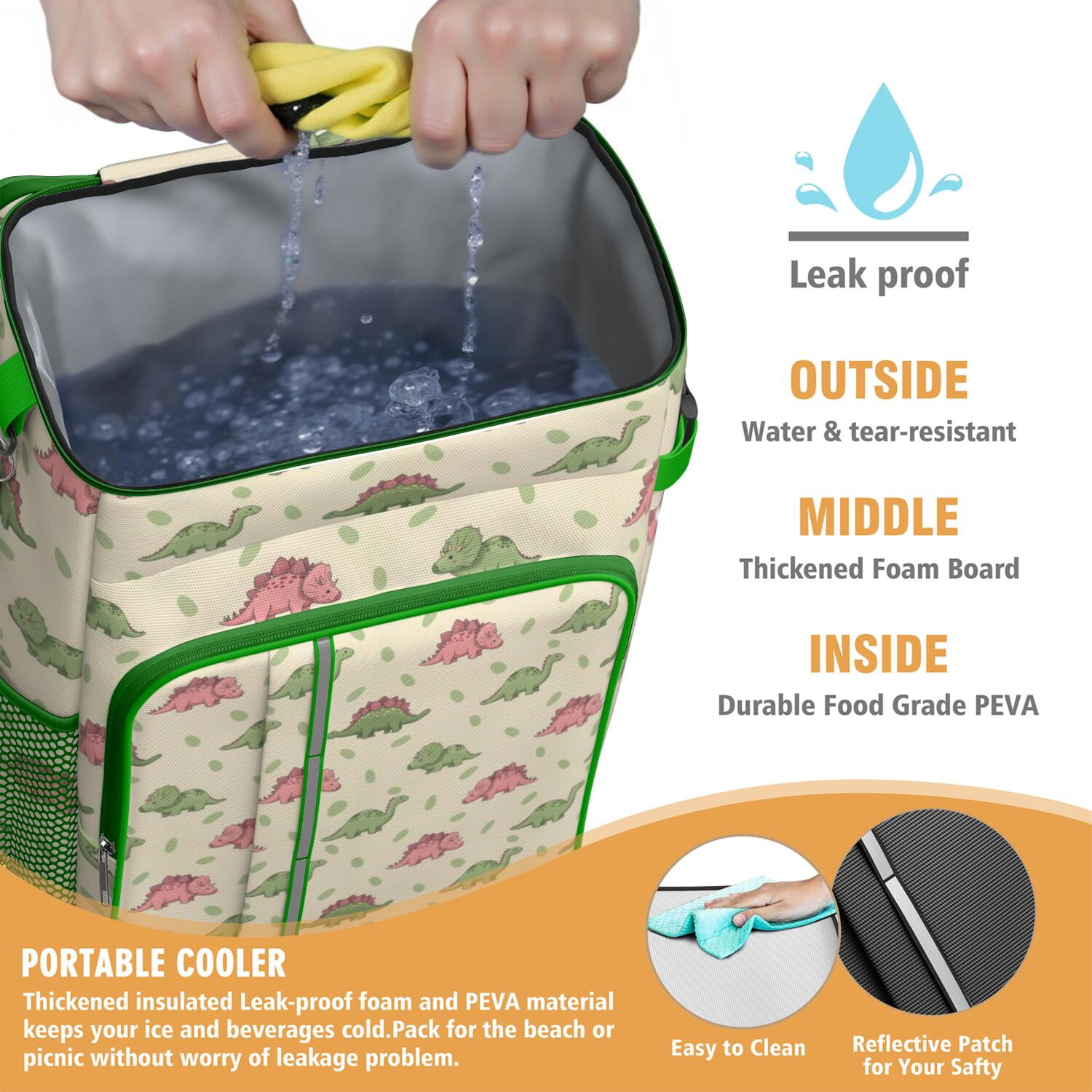Travel Cooler Bag - Green and Pink Dinosaur Pattern Camping Beer Cooler Backpack with Bottle Opener- Waterproof Insulated Picnic Backpacks - Cooler Bag for Beach