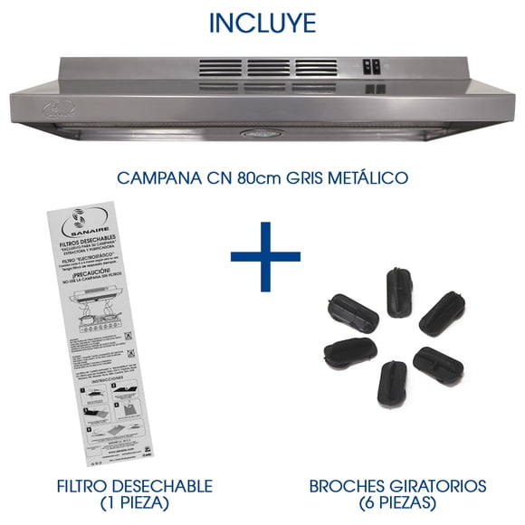 COMBO CAMPANA SANAIRE CN 80CM GRIS Filtro atrapagrasa extra