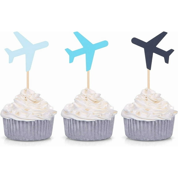 Blue Plane Cupcake Toppers for Baby Shower Decoration How Time Flies Airplane Theme Birthday Party Supplies (12pcs)