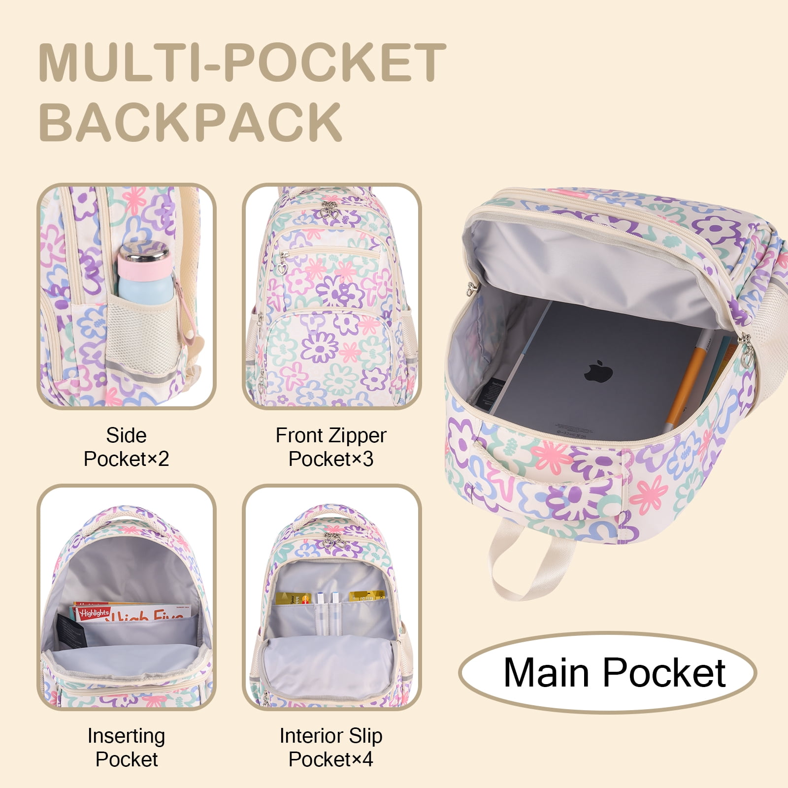 School Backpack Set for Girls,Lightweight Bookbag with Large Capacity, 3-in-1 School Essentials Set Includes Lunch Box & Pencil Case Beige