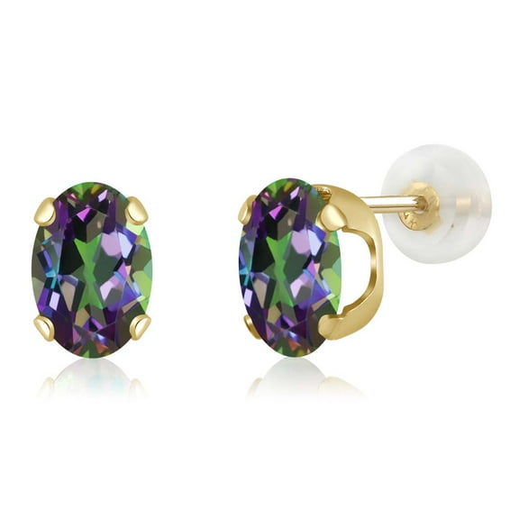 Gem Stone King 14K Yellow Gold Green Mystic Topaz Stud Earrings for Women Men (1.60 Cttw, Gemstone Birthstone, Oval 7X5MM)